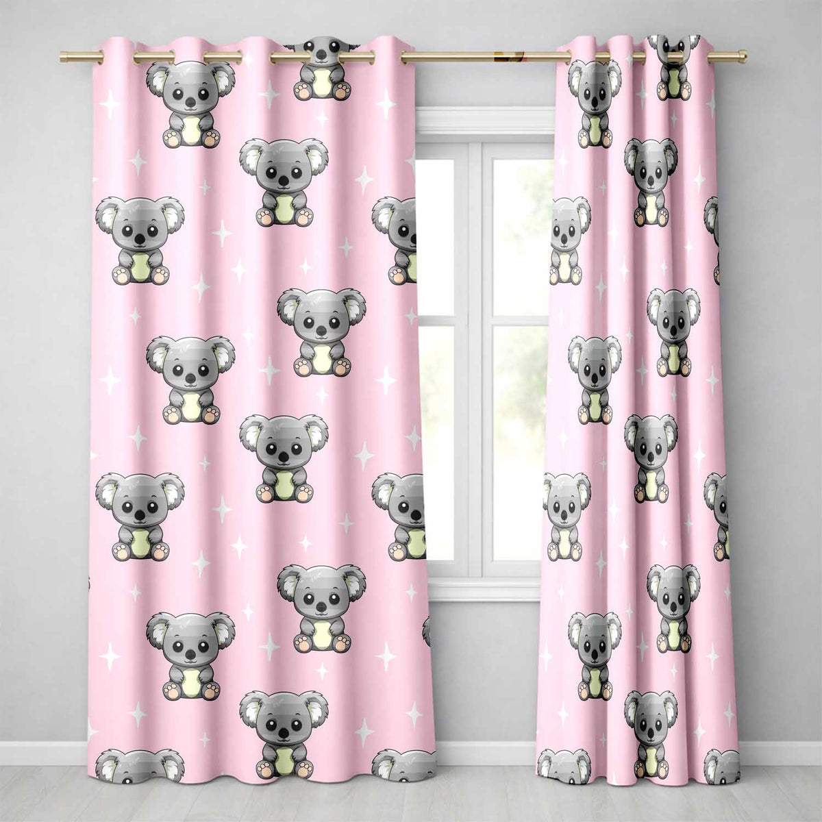 Cute Cartoon Koala Bears with White Stars on Soft Pink Background Readymade Eyelet Ring Top Thermal 100% Blackout Curtains