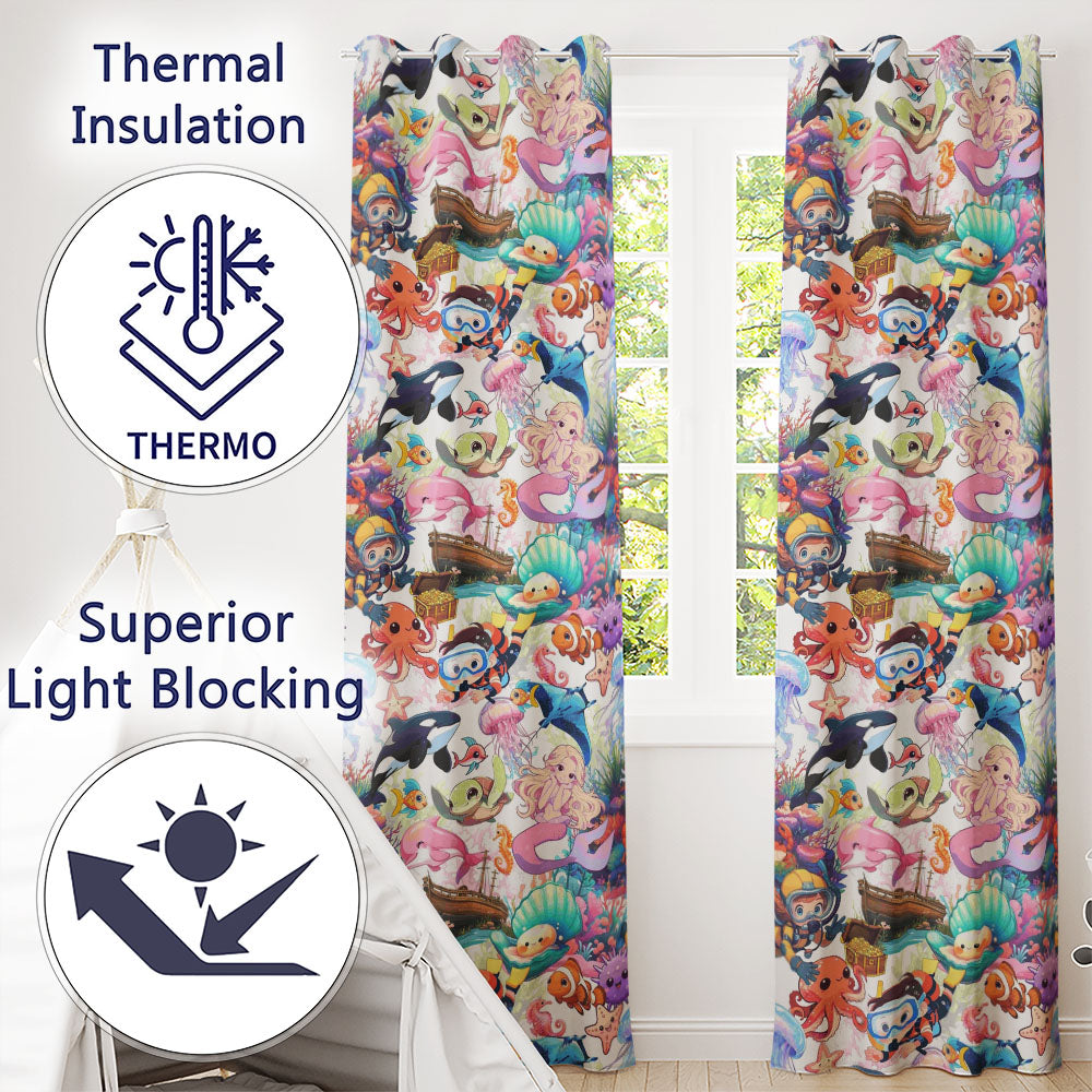Cute Underwater Ocean Animals Mermaid Dolphin Turtle Seamless Pattern Readymade Eyelet Ring Top Thermal 100% Blackout Curtains