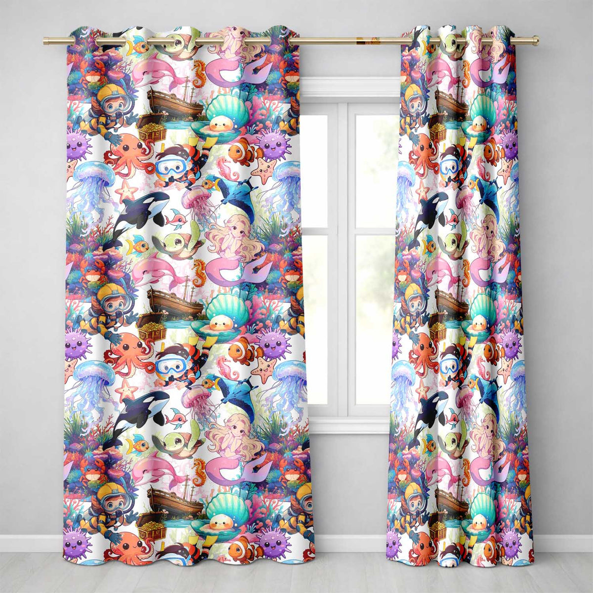 Cute Underwater Ocean Animals Mermaid Dolphin Turtle Seamless Pattern Readymade Eyelet Ring Top Thermal 100% Blackout Curtains