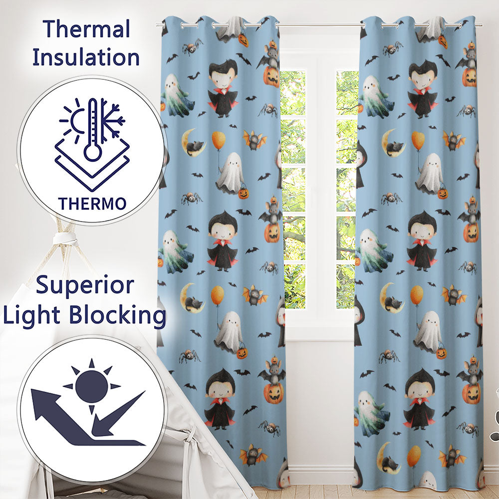 Cute Halloween Dracula Ghost Bats on Blue Background Seamless Pattern Readymade Eyelet Ring Top Thermal 100% Blackout Curtains