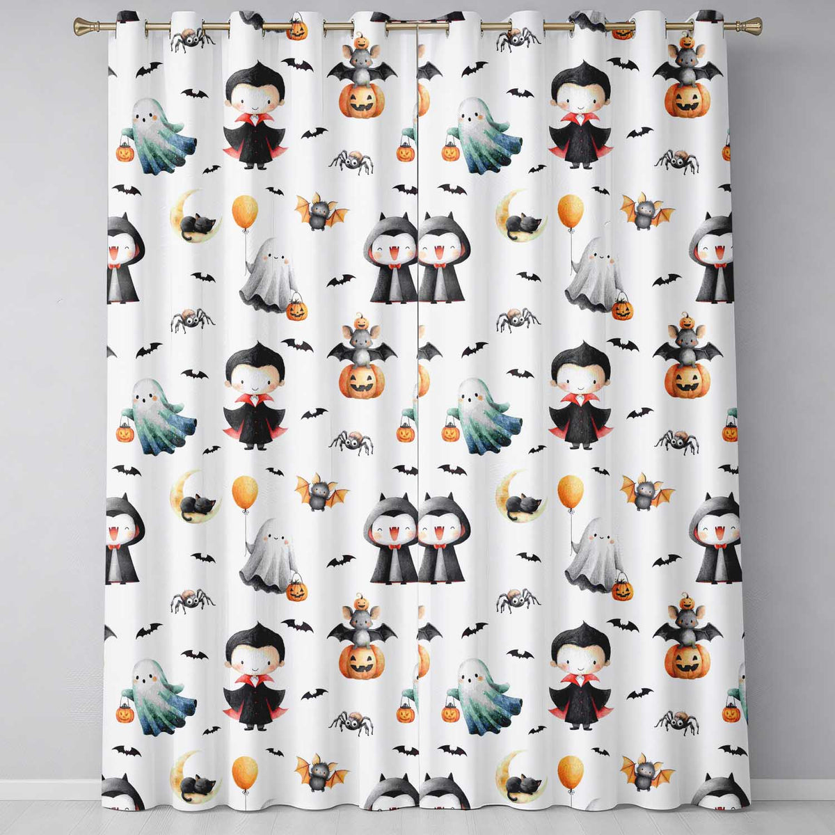 Cute Halloween Dracula Ghost Bats on Light Beige Background Seamless Pattern Readymade Eyelet Ring Top Thermal 100% Blackout Curtains