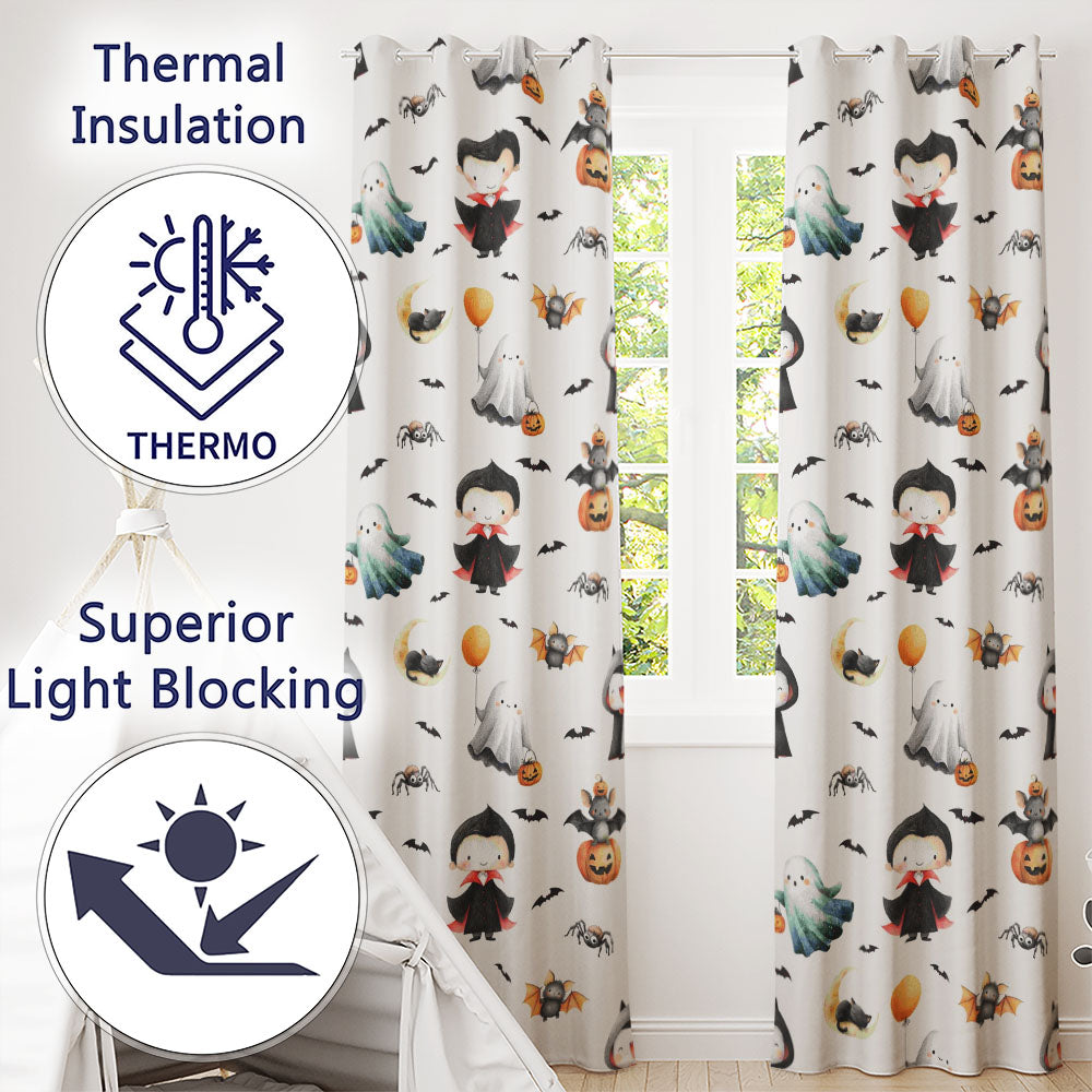 Cute Halloween Dracula Ghost Bats on Light Beige Background Seamless Pattern Readymade Eyelet Ring Top Thermal 100% Blackout Curtains
