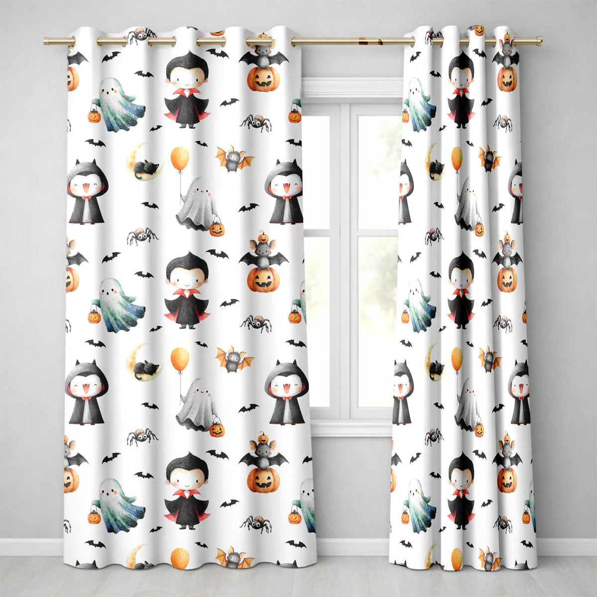 Cute Halloween Dracula Ghost Bats on Light Beige Background Seamless Pattern Readymade Eyelet Ring Top Thermal 100% Blackout Curtains