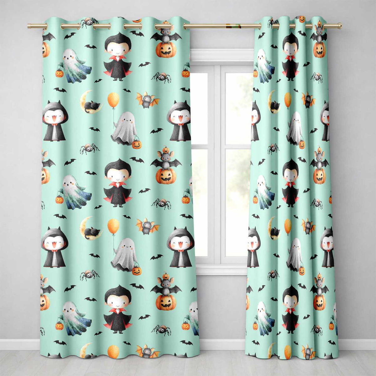 Cute Halloween Dracula Ghost Bats on Mint Green Background Seamless Pattern Readymade Eyelet Ring Top Thermal 100% Blackout Curtains