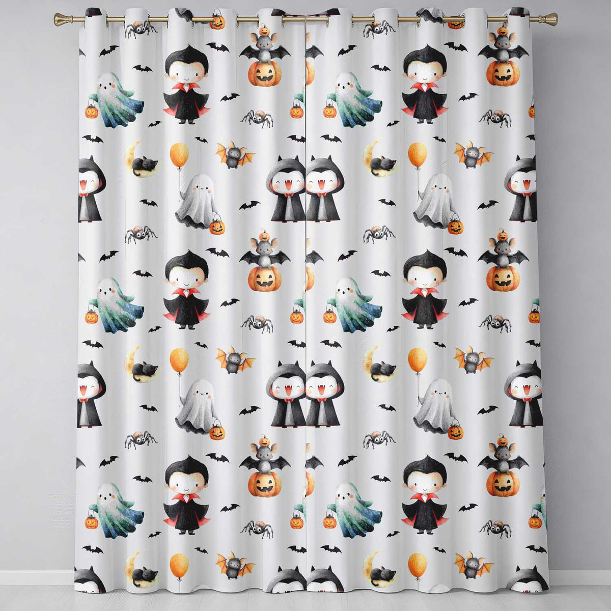 Cute Halloween Dracula Ghost Bats on Light Grey Background Seamless Pattern Readymade Eyelet Ring Top Thermal 100% Blackout Curtains