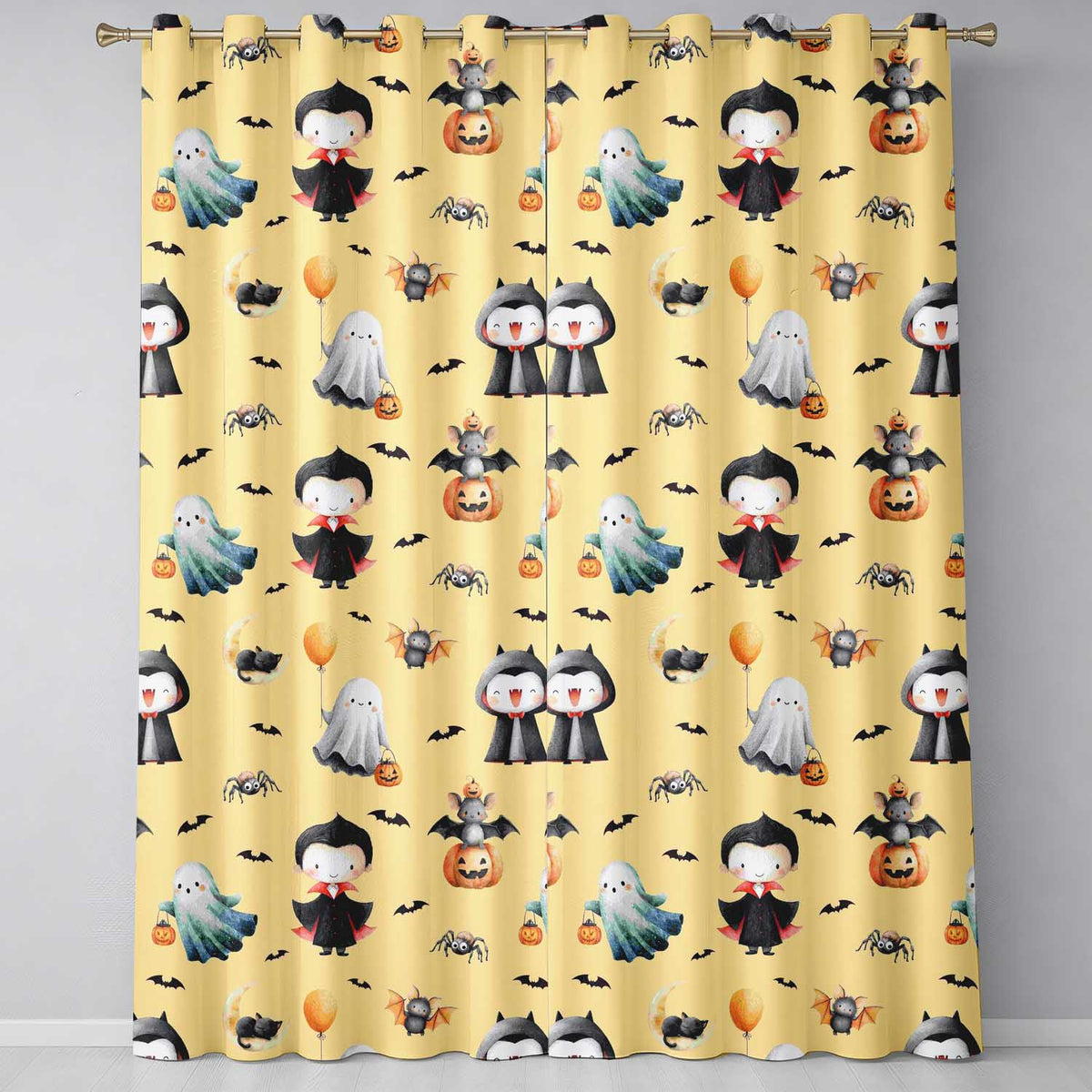Cute Halloween Dracula Ghost Bats on Warm Beige Background Seamless Pattern Readymade Eyelet Ring Top Thermal 100% Blackout Curtains