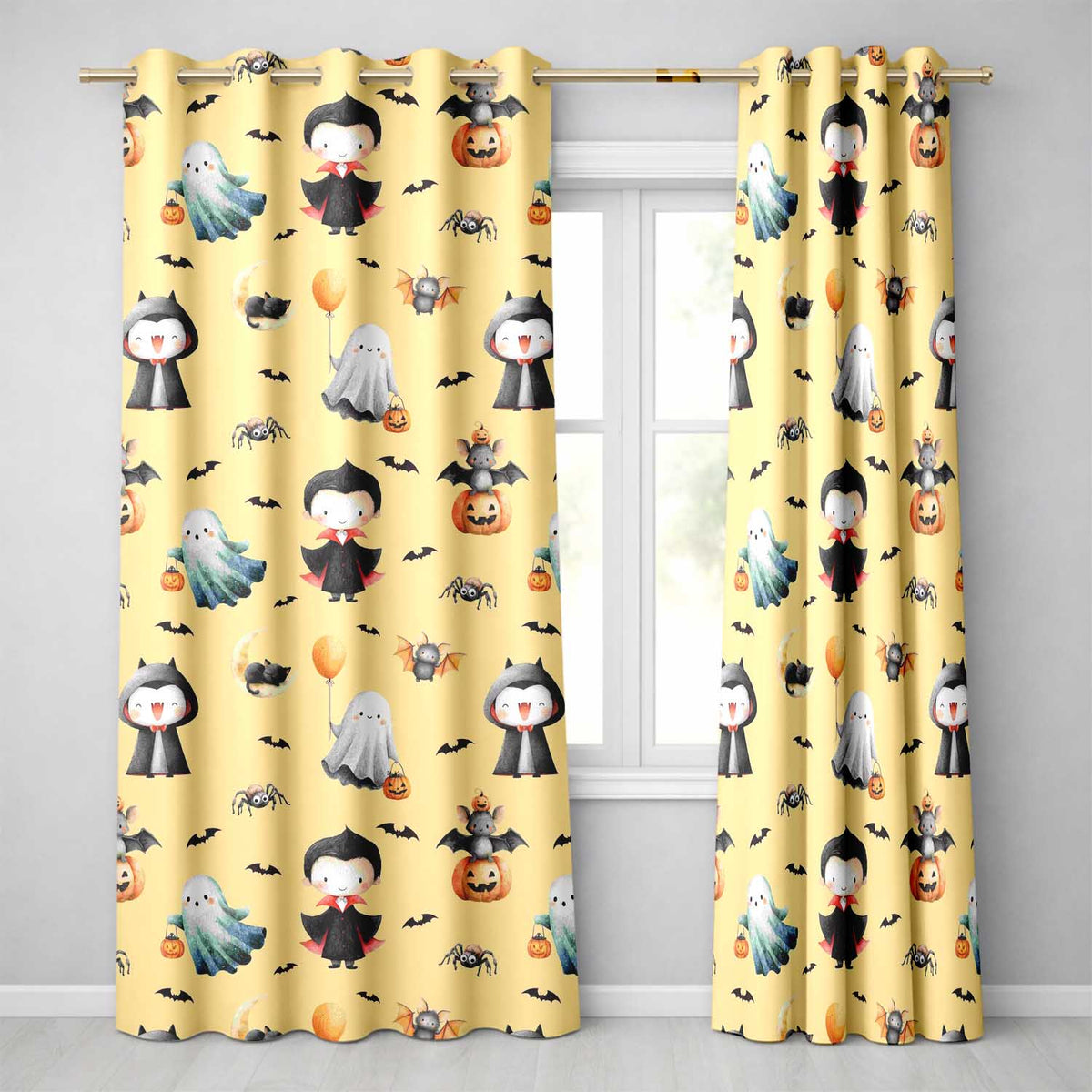 Cute Halloween Dracula Ghost Bats on Warm Beige Background Seamless Pattern Readymade Eyelet Ring Top Thermal 100% Blackout Curtains