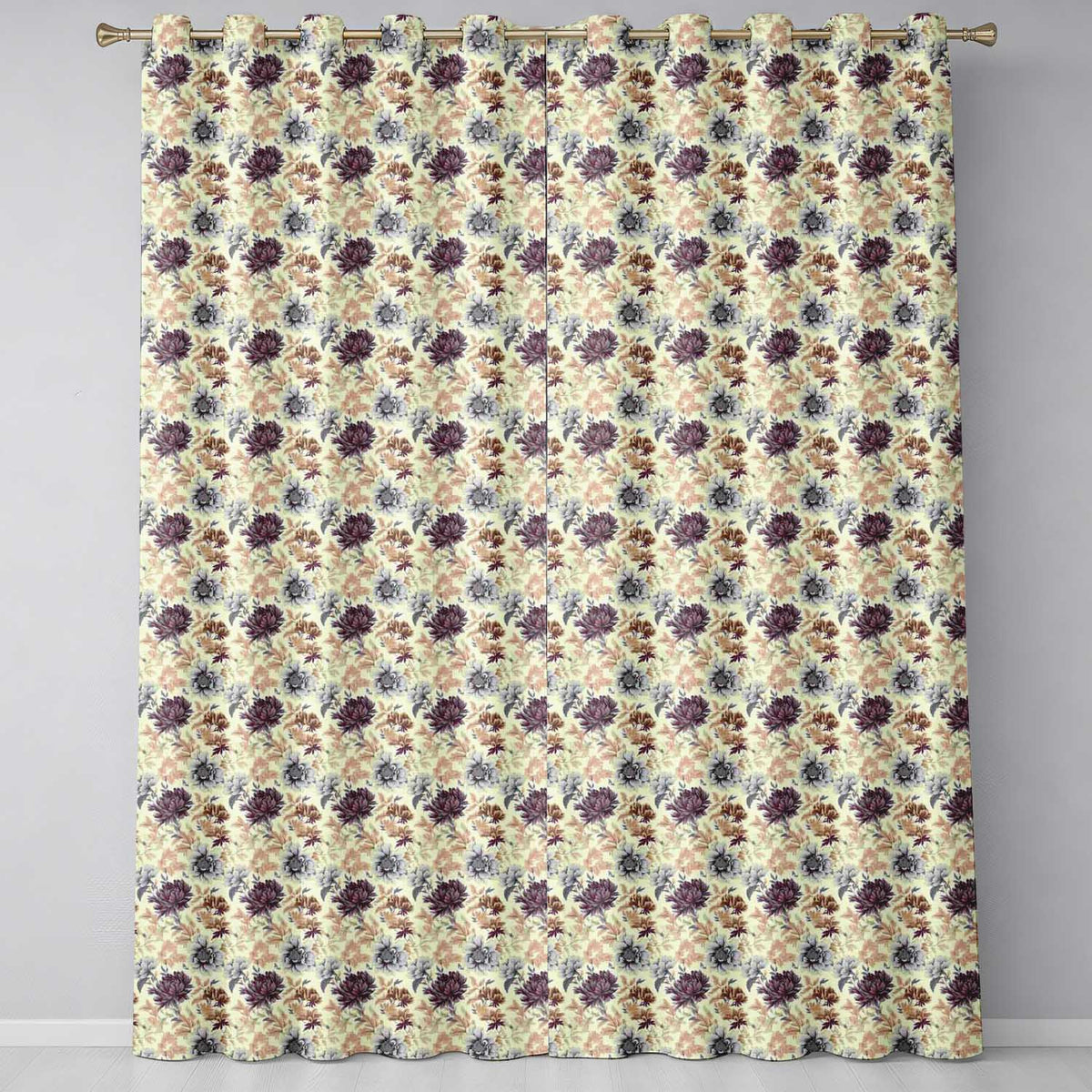 Vintage Floral Chrysanthemum Flowers on Cream Background Seamless Pattern Readymade Eyelet Ring Top Thermal 100% Blackout Curtains