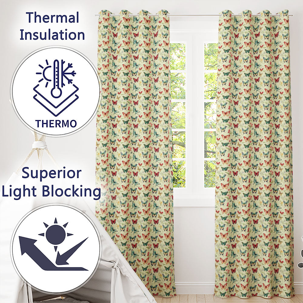 Elegant Vintage Butterflies with Floral Garden Elements Seamless Pattern Readymade Eyelet Ring Top Thermal 100% Blackout Curtains
