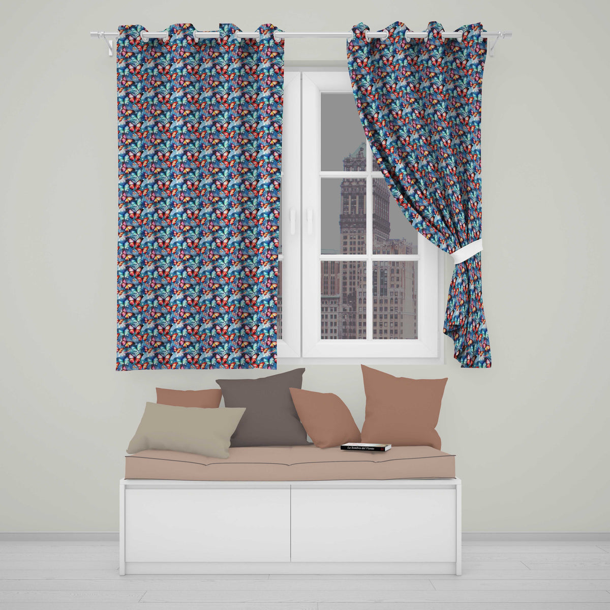 Vibrant Butterflies on Deep Blue Watercolor Background Seamless Pattern Readymade Eyelet Ring Top Thermal 100% Blackout Curtains