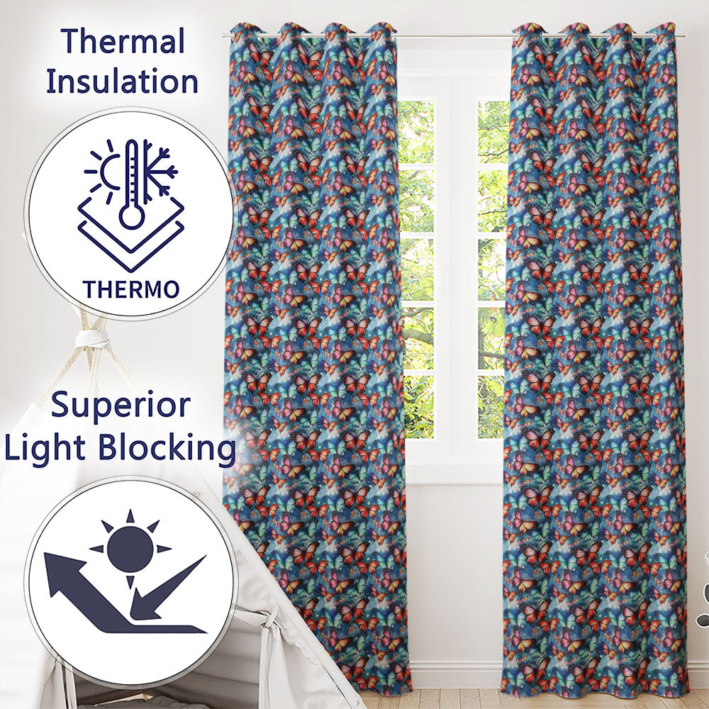 Vibrant Butterflies on Deep Blue Watercolor Background Seamless Pattern Readymade Eyelet Ring Top Thermal 100% Blackout Curtains