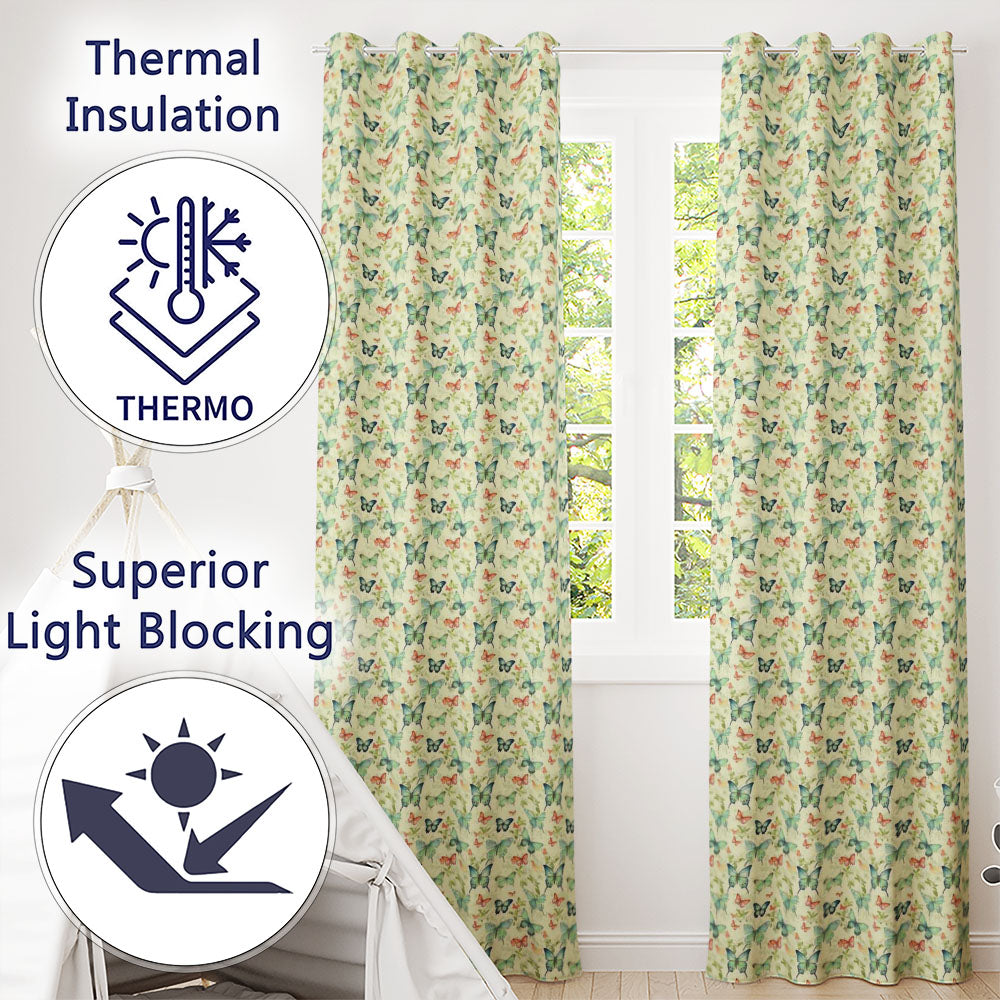 Soft Pastel Butterflies with Botanical Leaves Seamless Pattern Readymade Eyelet Ring Top Thermal 100% Blackout Curtains
