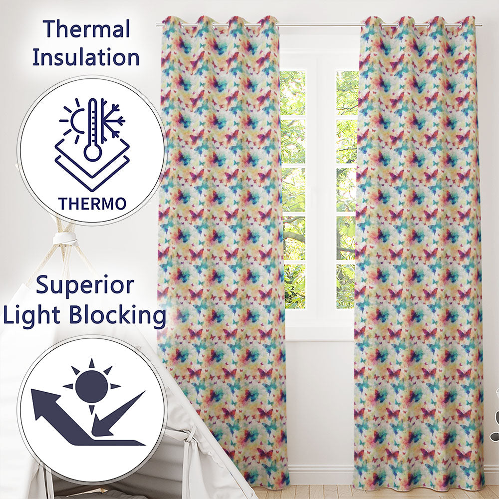 Bright Watercolor Butterflies with Color Splash Effect Seamless Pattern Readymade Eyelet Ring Top Thermal 100% Blackout Curtains