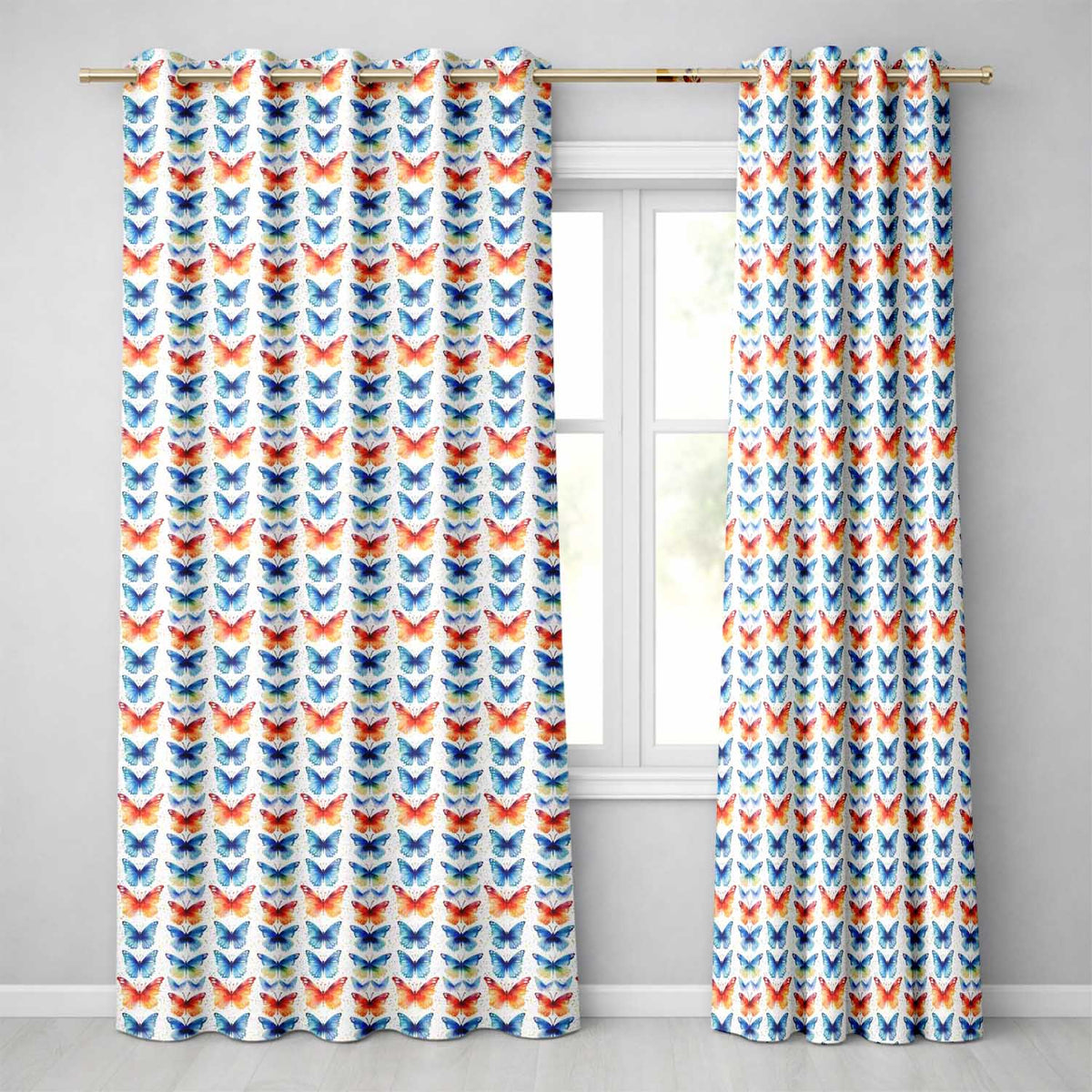 Bright Blue and Orange Butterflies Symmetrical Pattern Seamless Pattern Readymade Eyelet Ring Top Thermal 100% Blackout Curtains