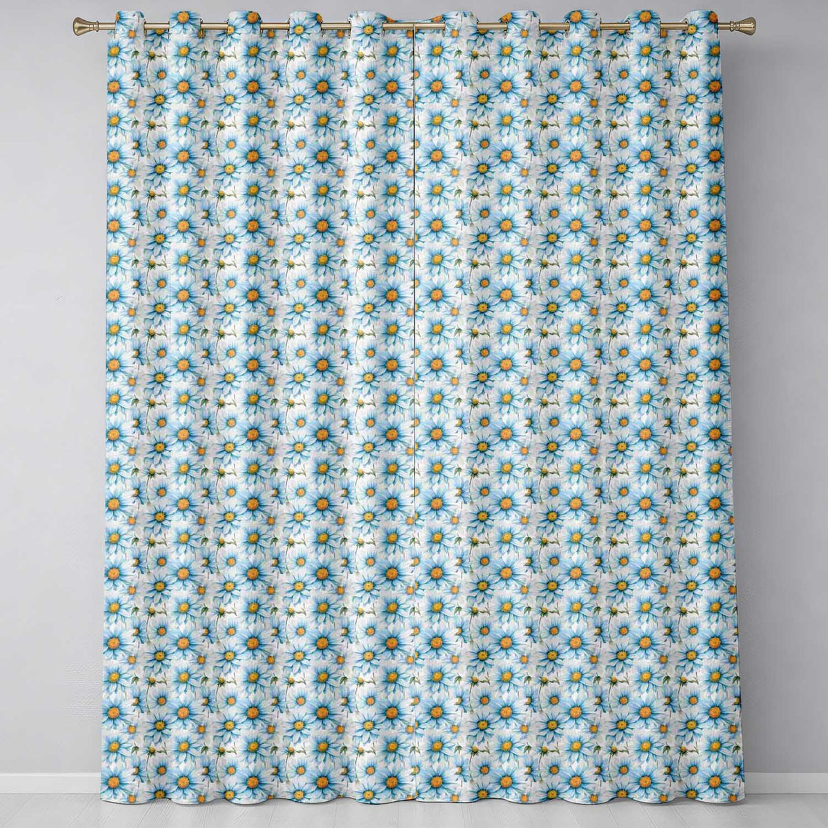 Large Blue Daisy Floral Pattern with Soft Detail Seamless Pattern Readymade Eyelet Ring Top Thermal 100% Blackout Curtains