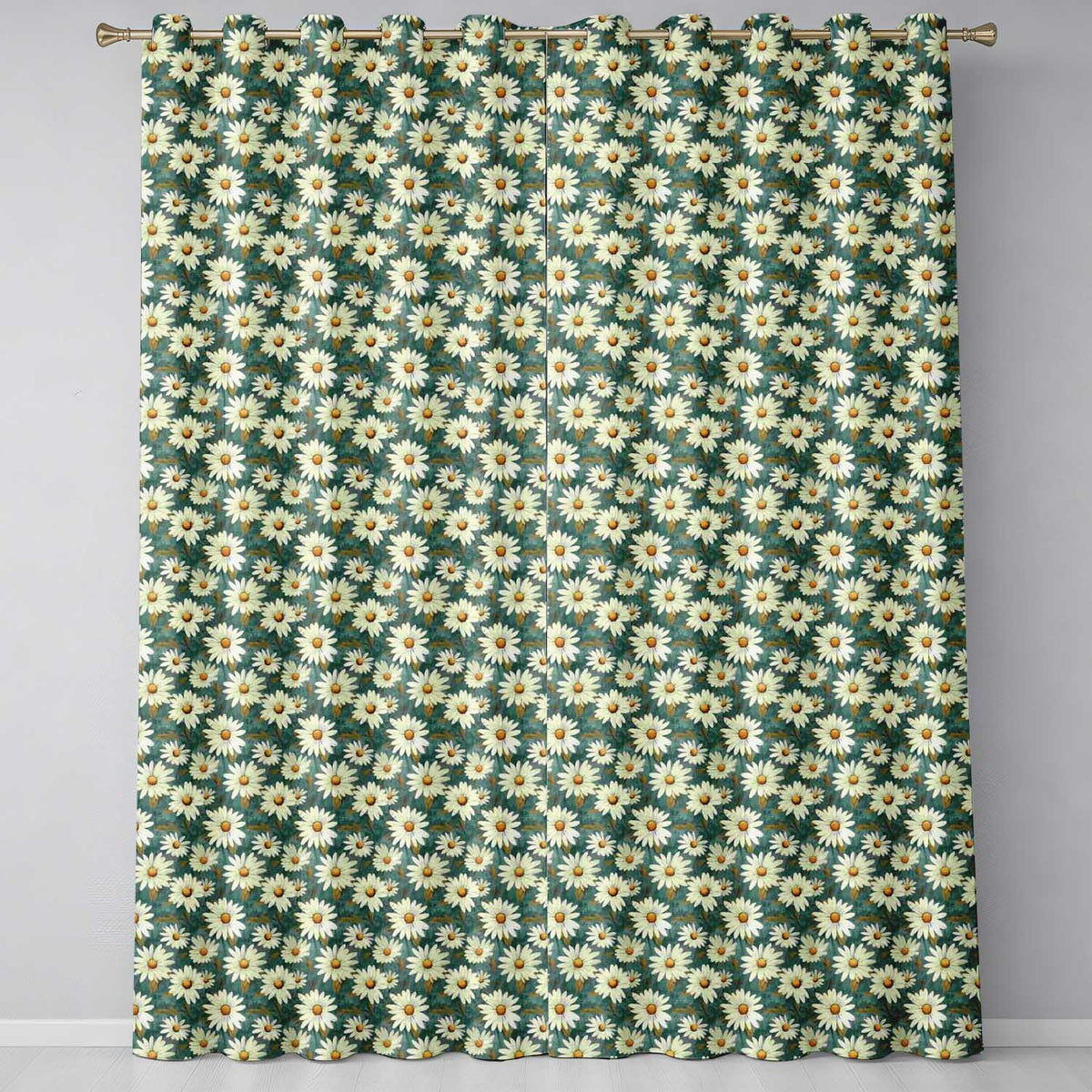Dark Teal Background White Daisy Floral Seamless Pattern Readymade Eyelet Ring Top Thermal 100% Blackout Curtains