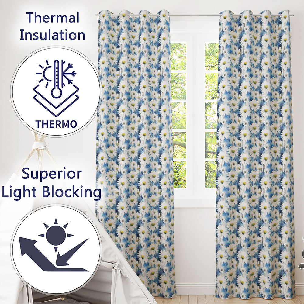 Blue Watercolor Drip Daisy Artistic Seamless Pattern Readymade Eyelet Ring Top Thermal 100% Blackout Curtains