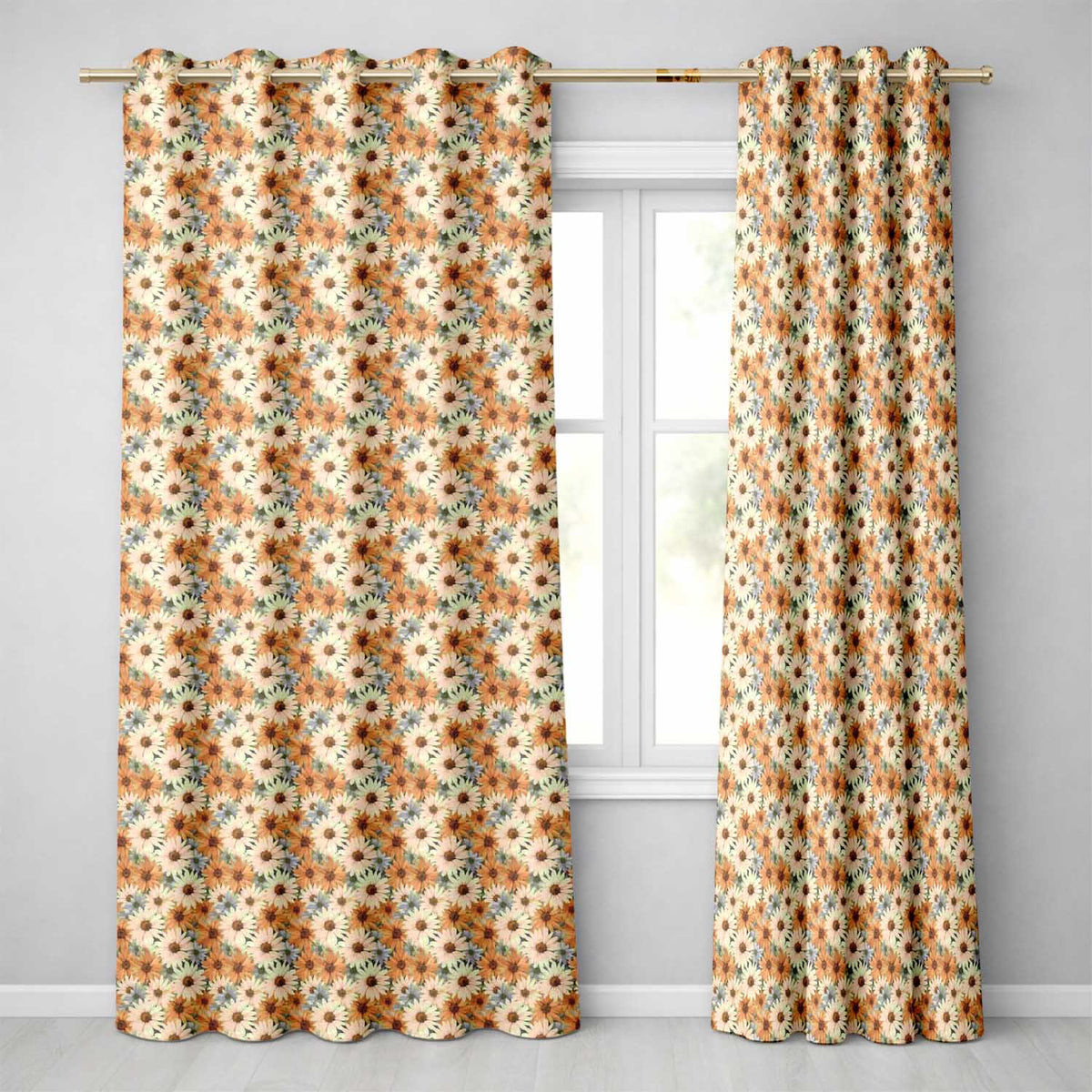 Rustic Orange and Cream Daisy Floral Seamless Pattern Readymade Eyelet Ring Top Thermal 100% Blackout Curtains