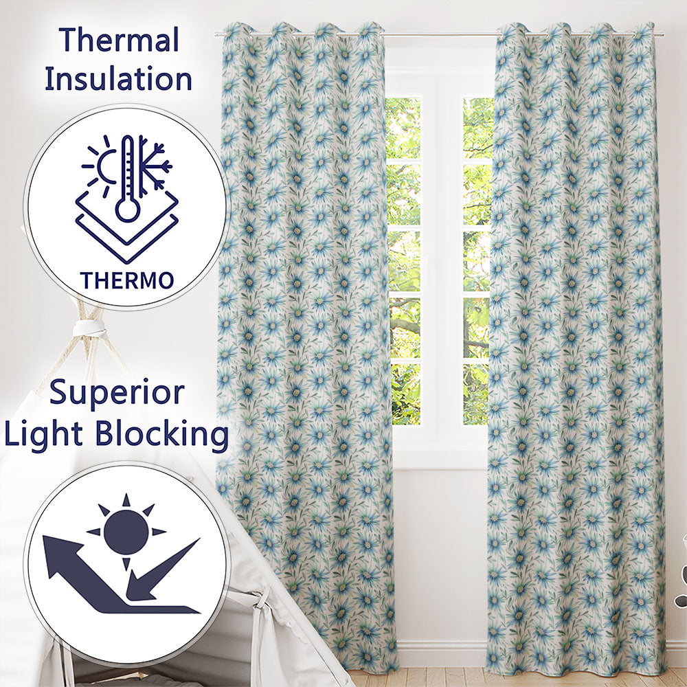 Cool Blue Daisy Style Floral Seamless Pattern Readymade Eyelet Ring Top Thermal 100% Blackout Curtains