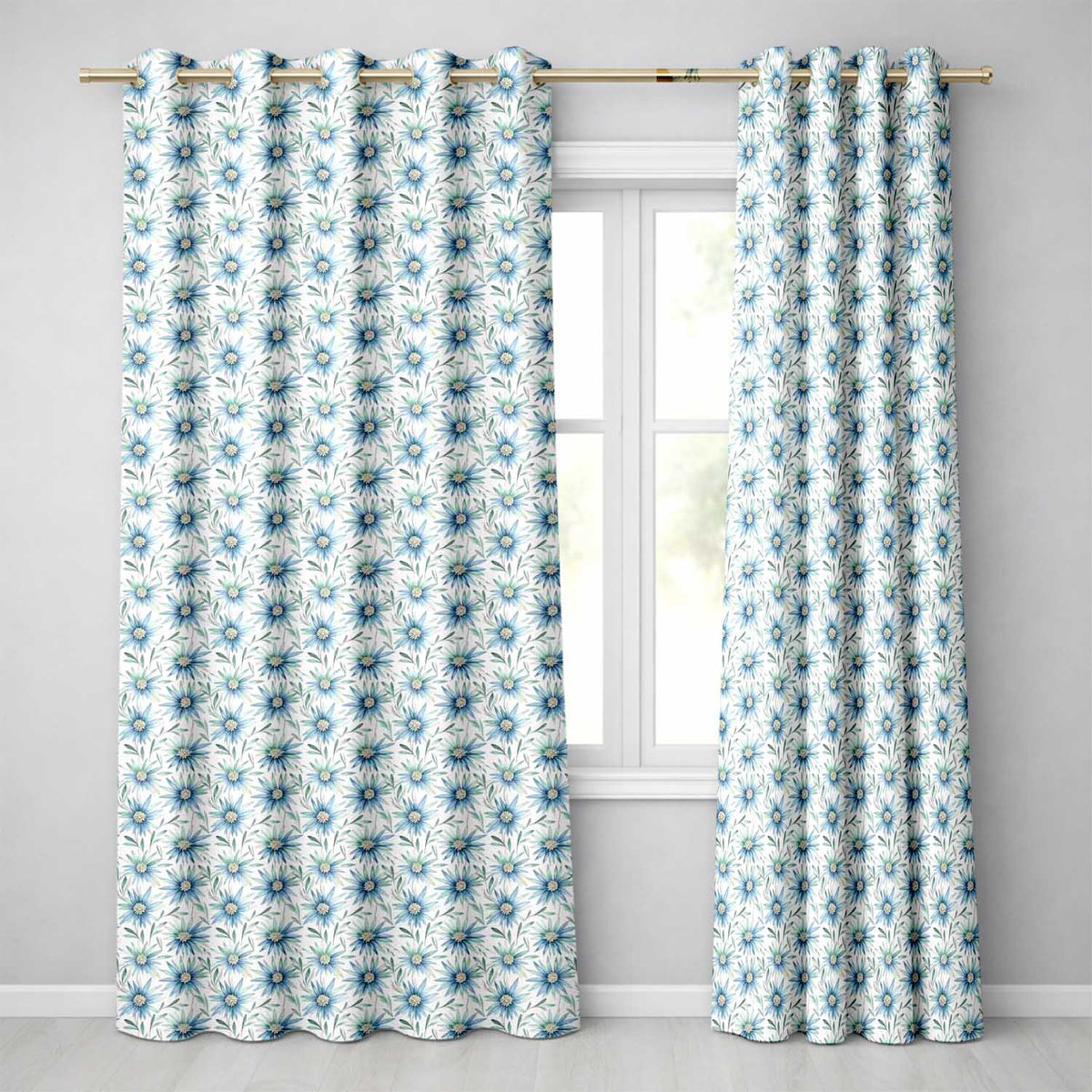 Cool Blue Daisy Style Floral Seamless Pattern Readymade Eyelet Ring Top Thermal 100% Blackout Curtains