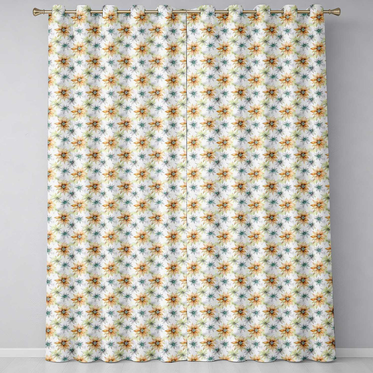 Soft Orange and Blue Floral Watercolor Seamless Pattern Readymade Eyelet Ring Top Thermal 100% Blackout Curtains