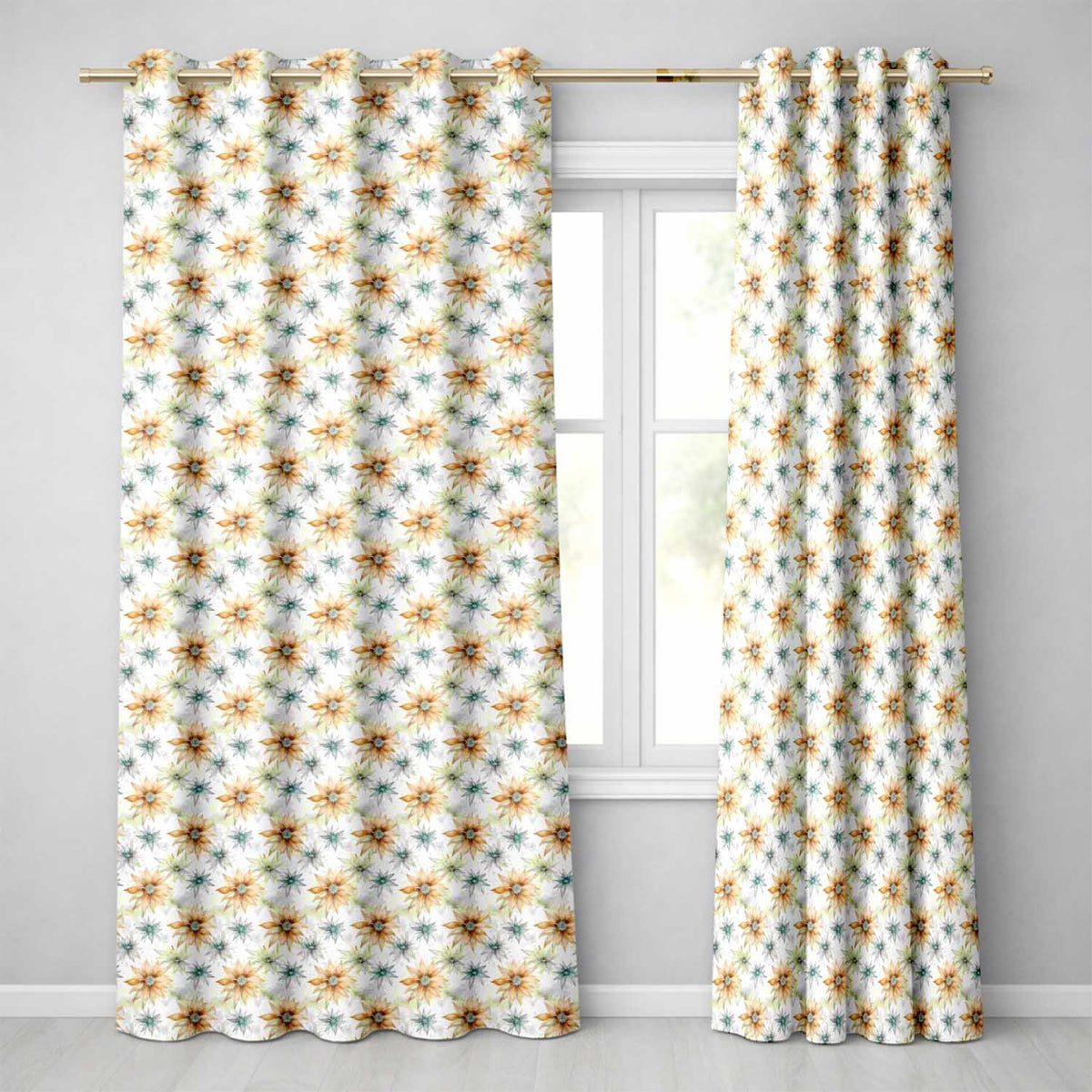 Soft Orange and Blue Floral Watercolor Seamless Pattern Readymade Eyelet Ring Top Thermal 100% Blackout Curtains