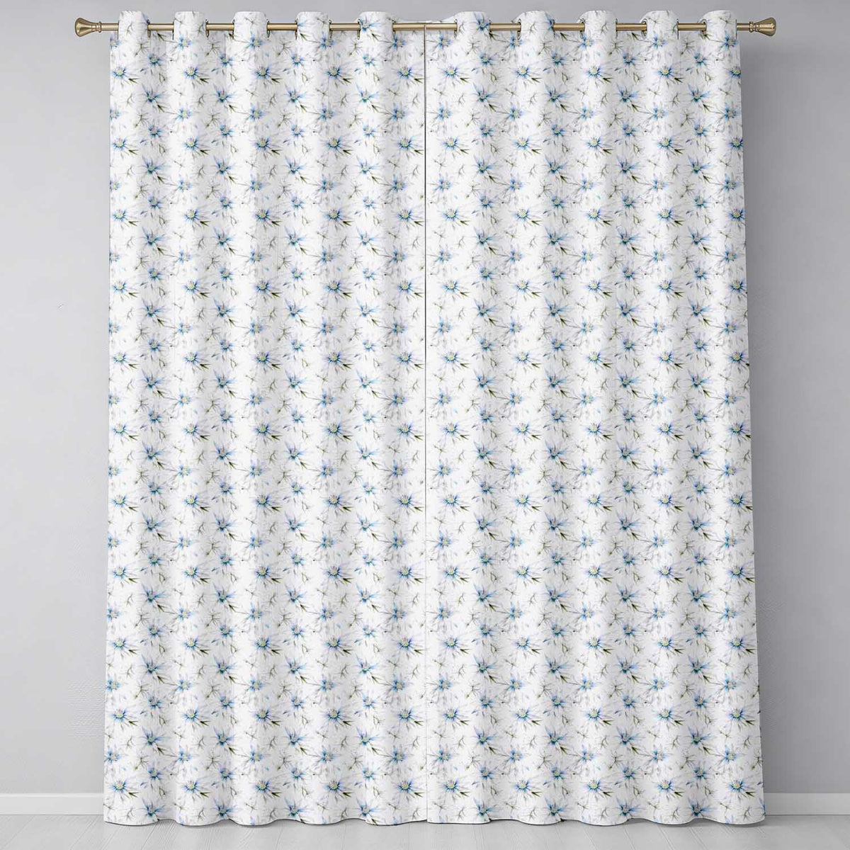 Soft Blue Floral with Fine Botanical Detail Seamless Pattern Readymade Eyelet Ring Top Thermal 100% Blackout Curtains