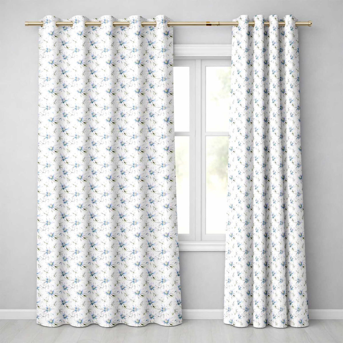 Soft Blue Floral with Fine Botanical Detail Seamless Pattern Readymade Eyelet Ring Top Thermal 100% Blackout Curtains