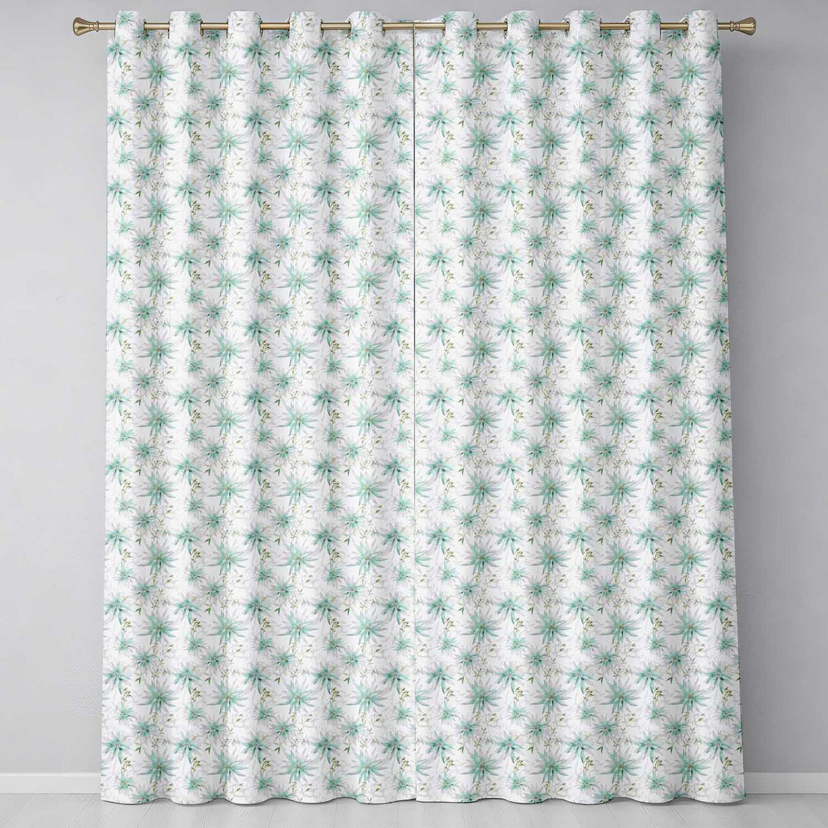 Soft Teal Starflower Watercolor Floral Seamless Pattern Readymade Eyelet Ring Top Thermal 100% Blackout Curtains
