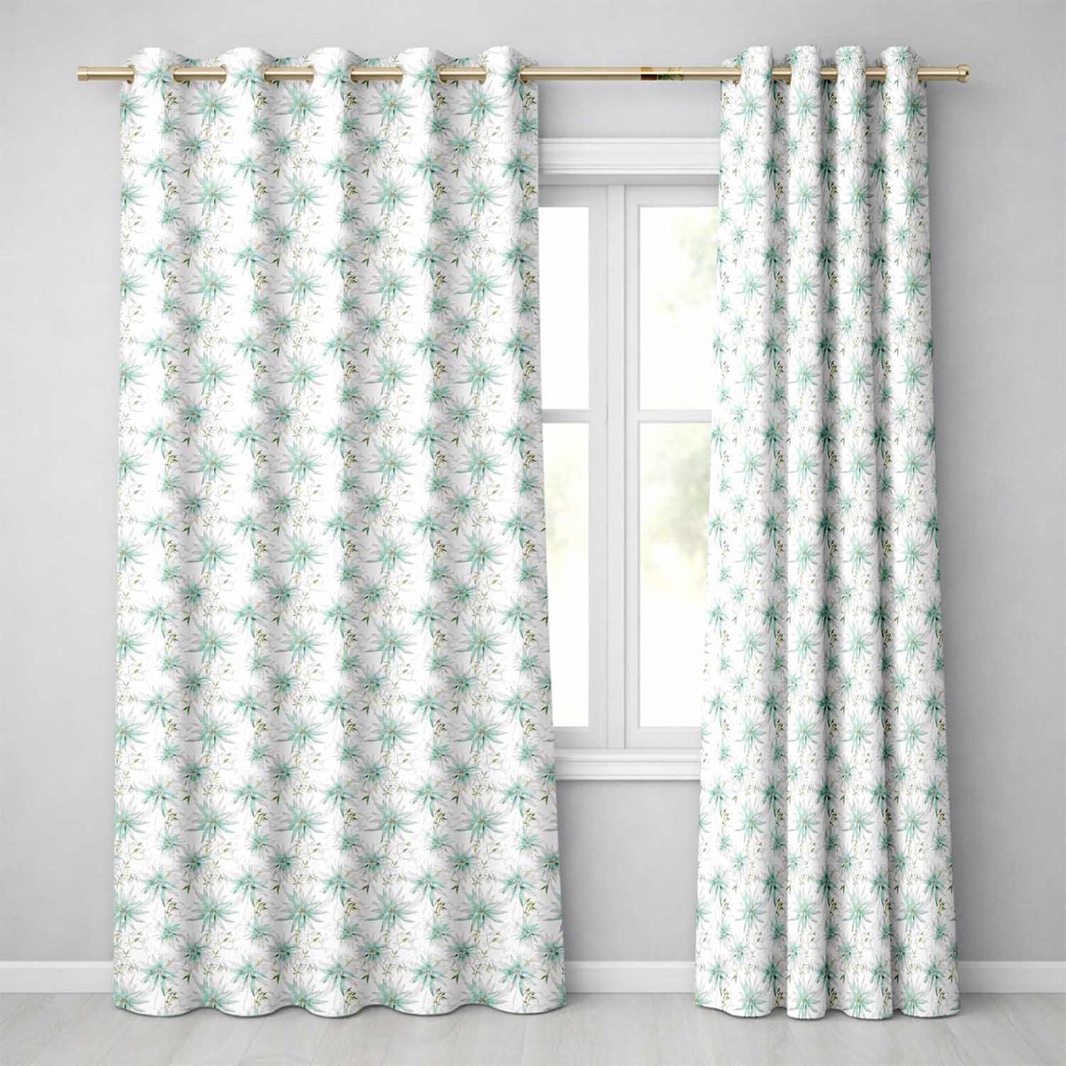 Soft Teal Starflower Watercolor Floral Seamless Pattern Readymade Eyelet Ring Top Thermal 100% Blackout Curtains