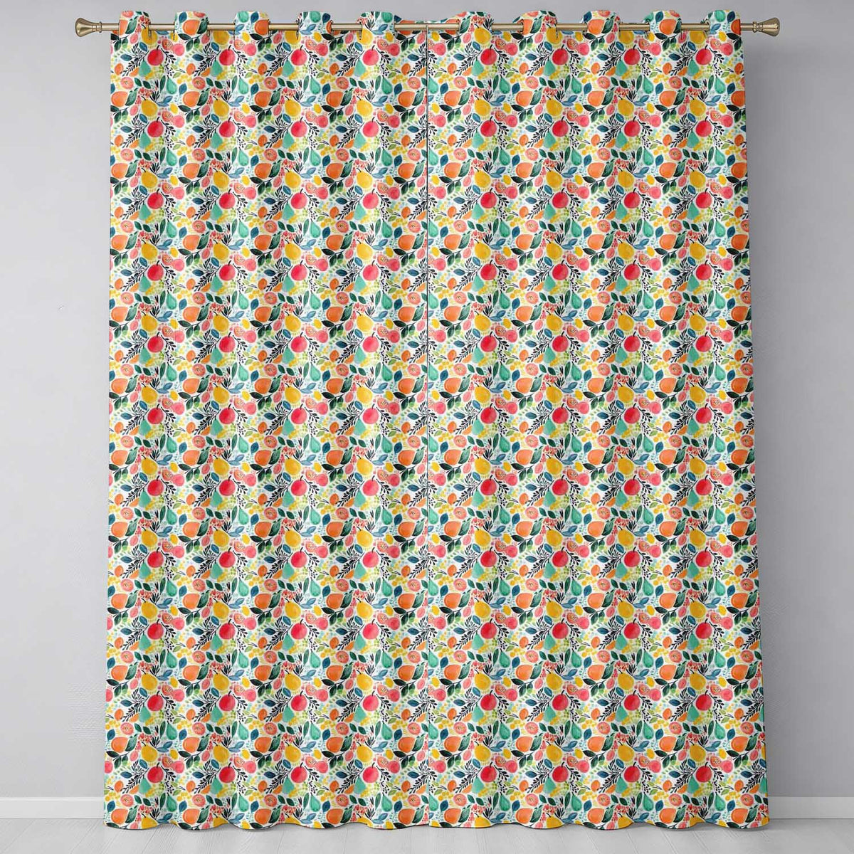 Colorful Watercolor Mixed Fruit and Leaves Seamless Pattern Readymade Eyelet Ring Top Thermal 100% Blackout Curtains