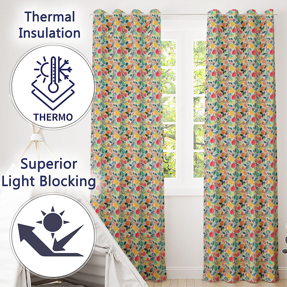 Colorful Watercolor Mixed Fruit and Leaves Seamless Pattern Readymade Eyelet Ring Top Thermal 100% Blackout Curtains