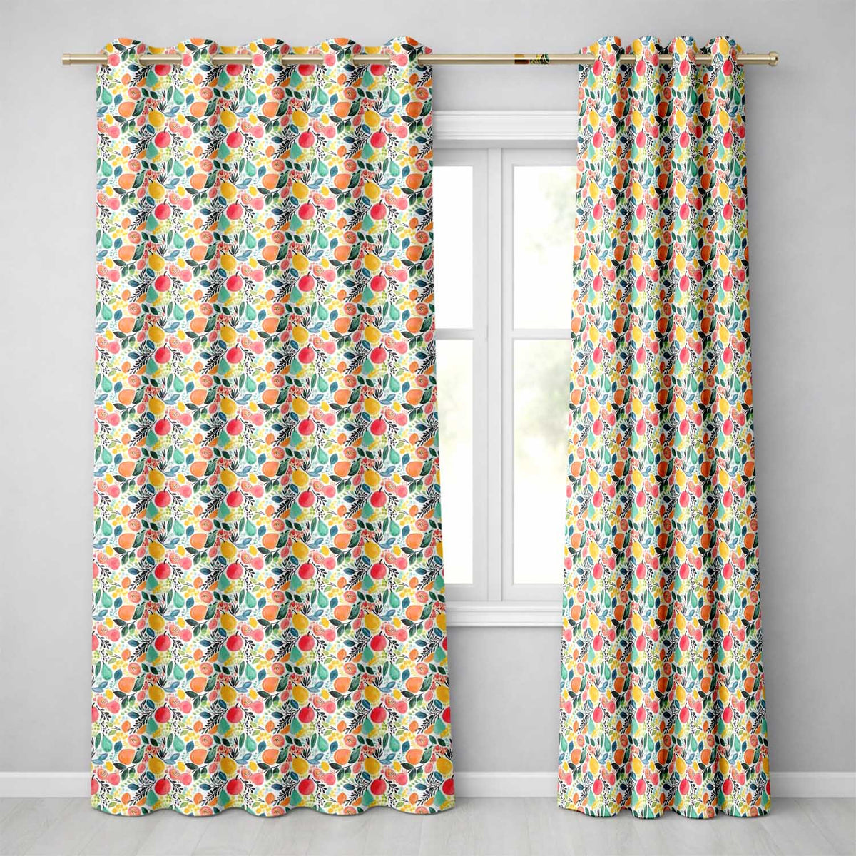 Colorful Watercolor Mixed Fruit and Leaves Seamless Pattern Readymade Eyelet Ring Top Thermal 100% Blackout Curtains