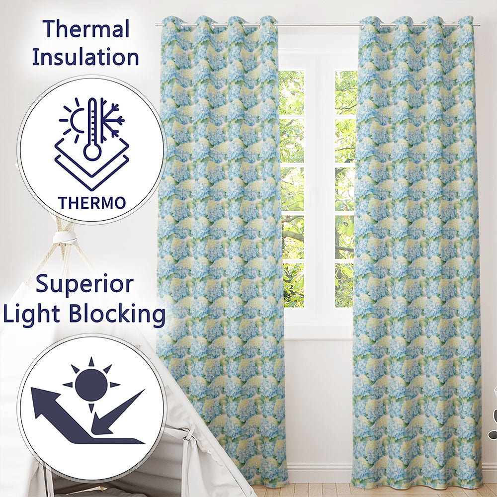 Soft Blue Hydrangea Floral Seamless Pattern Readymade Eyelet Ring Top Thermal 100% Blackout Curtains