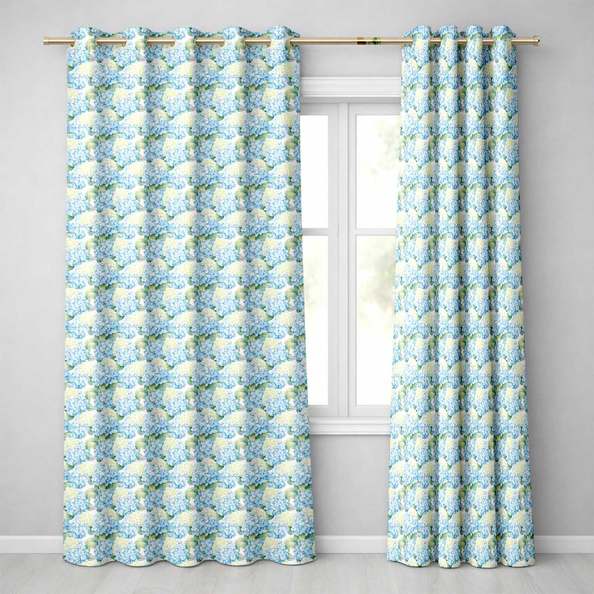 Soft Blue Hydrangea Floral Seamless Pattern Readymade Eyelet Ring Top Thermal 100% Blackout Curtains
