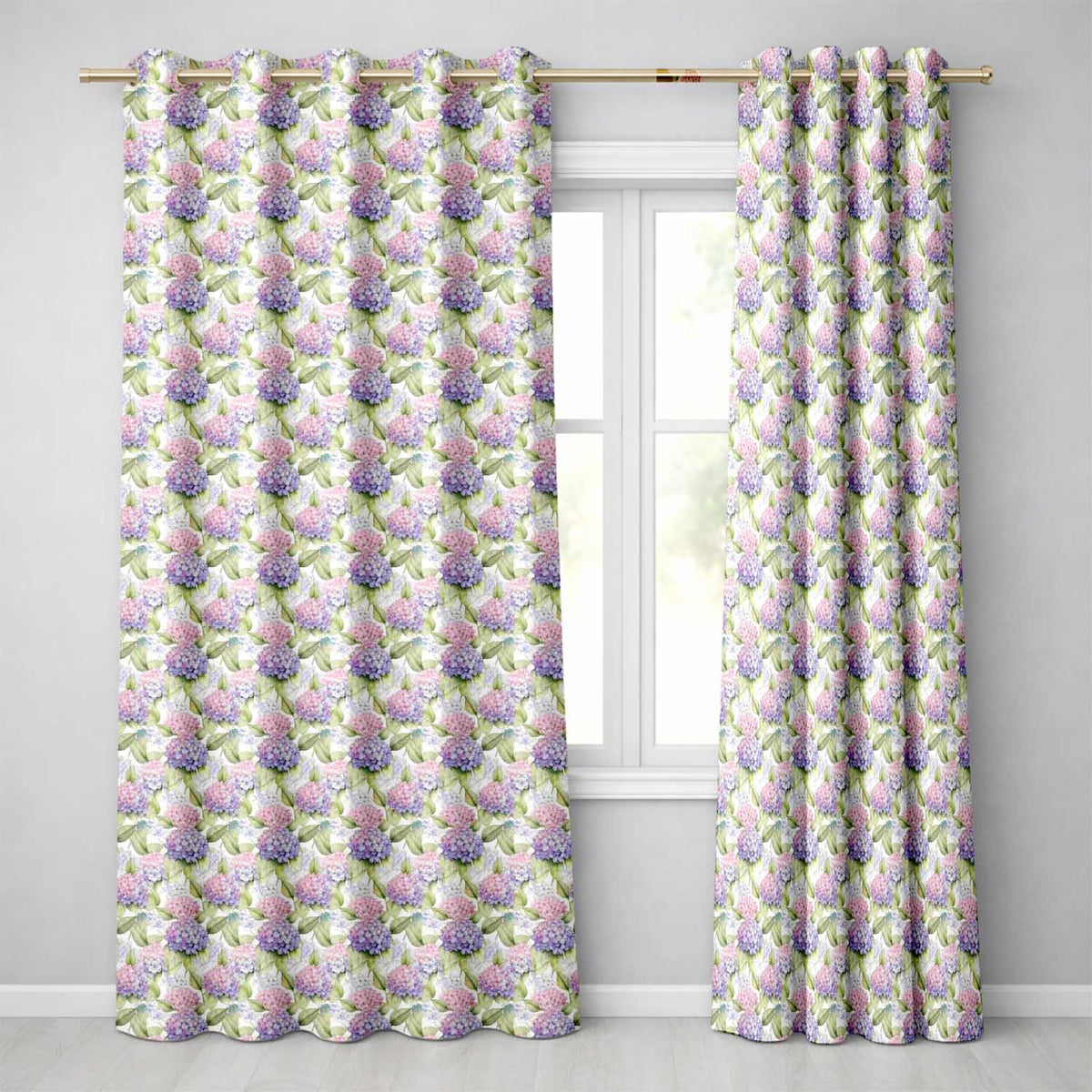 Soft Pastel Purple Pink Hydrangea Floral Seamless Pattern Readymade Eyelet Ring Top Thermal 100% Blackout Curtains