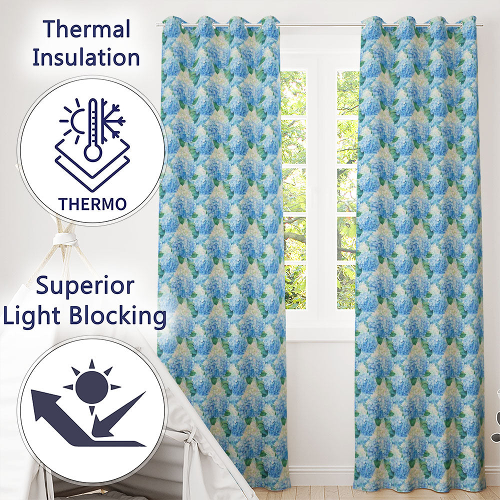Vibrant Blue Hydrangea Cluster Seamless Pattern Readymade Eyelet Ring Top Thermal 100% Blackout Curtains