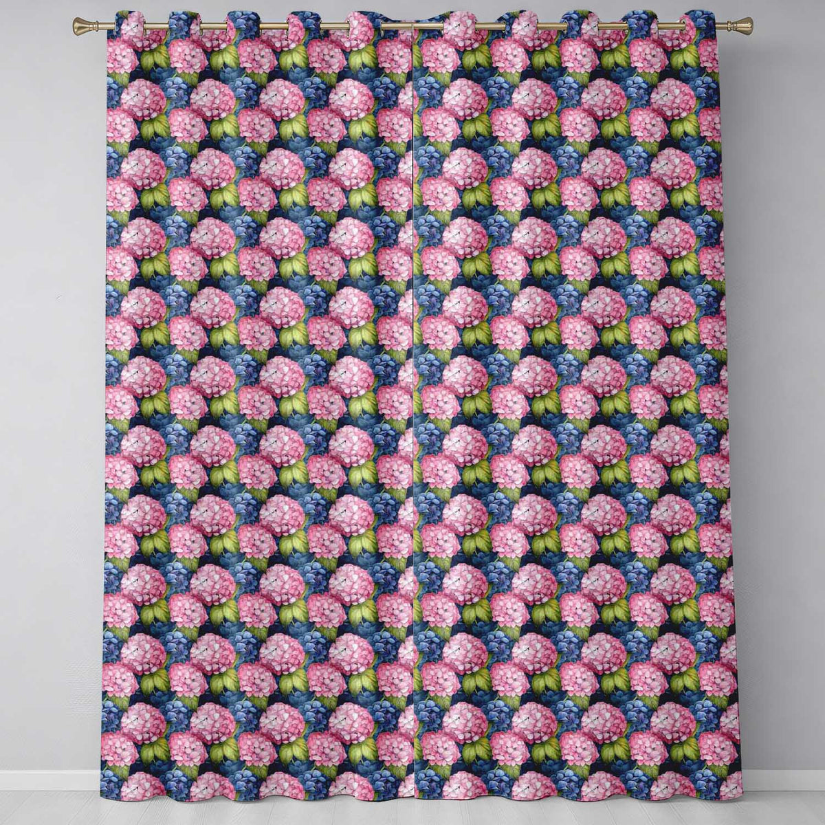 Pink and Blue Hydrangea Floral Seamless Pattern Dark Background Readymade Eyelet Ring Top Thermal 100% Blackout Curtains