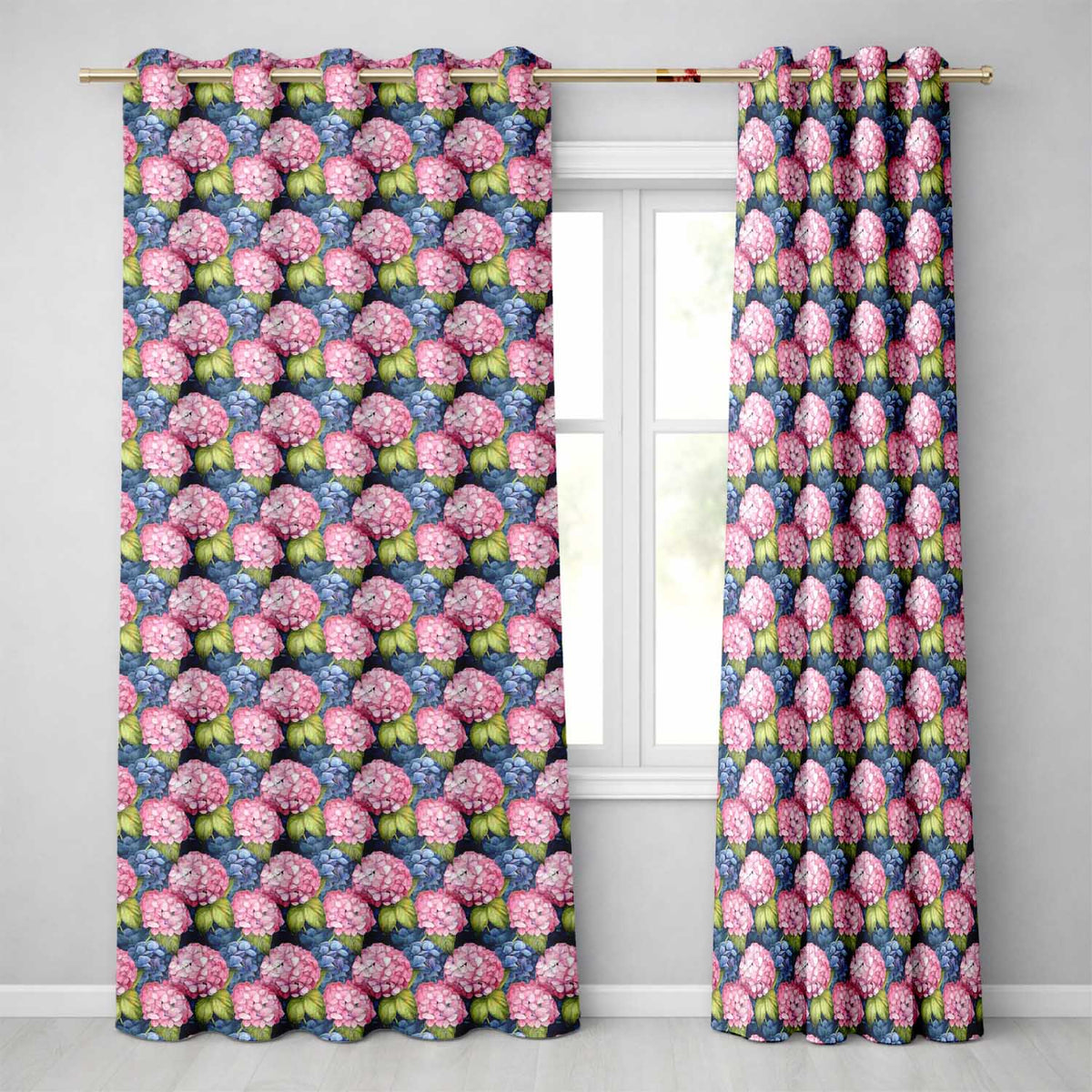 Pink and Blue Hydrangea Floral Seamless Pattern Dark Background Readymade Eyelet Ring Top Thermal 100% Blackout Curtains