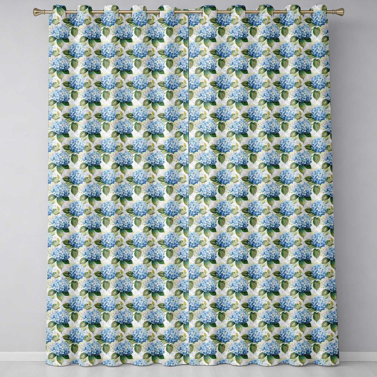 Classic Blue Hydrangea Garden Floral Seamless Pattern Readymade Eyelet Ring Top Thermal 100% Blackout Curtains