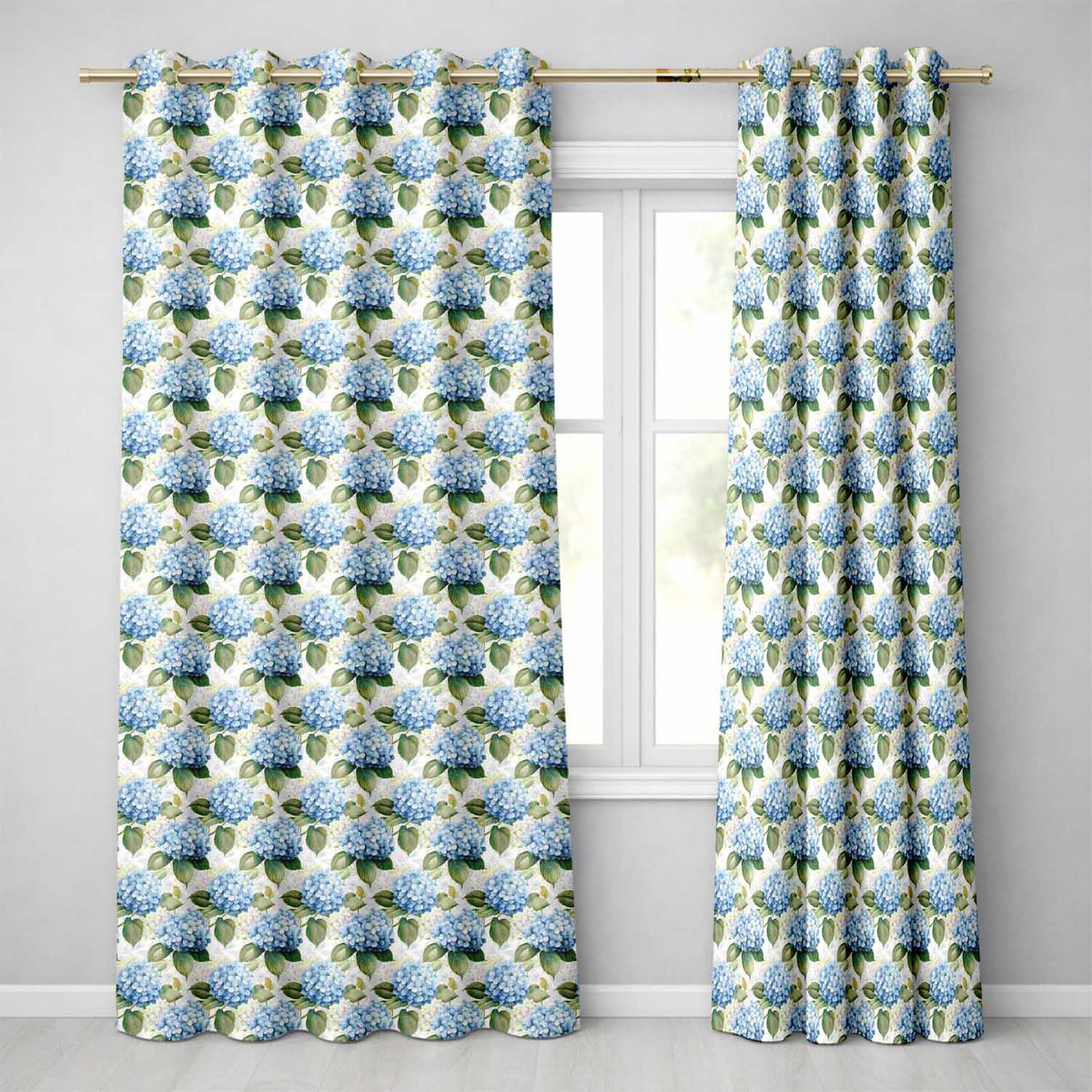 Classic Blue Hydrangea Garden Floral Seamless Pattern Readymade Eyelet Ring Top Thermal 100% Blackout Curtains