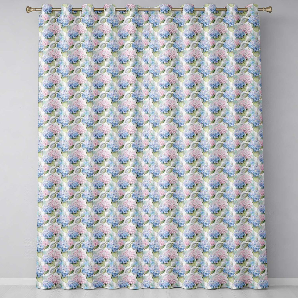 Pastel Blue and Pink Hydrangea Floral Seamless Pattern Readymade Eyelet Ring Top Thermal 100% Blackout Curtains