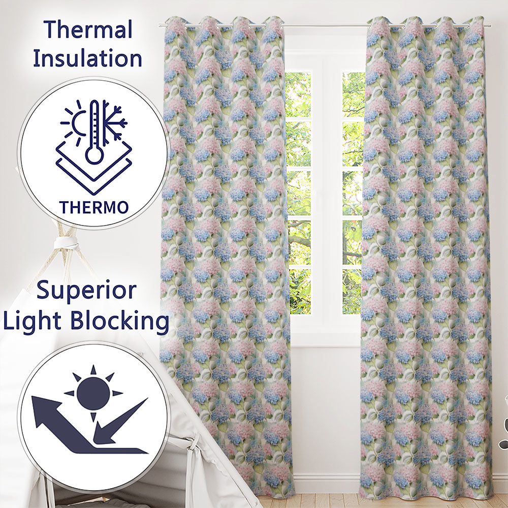 Pastel Blue and Pink Hydrangea Floral Seamless Pattern Readymade Eyelet Ring Top Thermal 100% Blackout Curtains