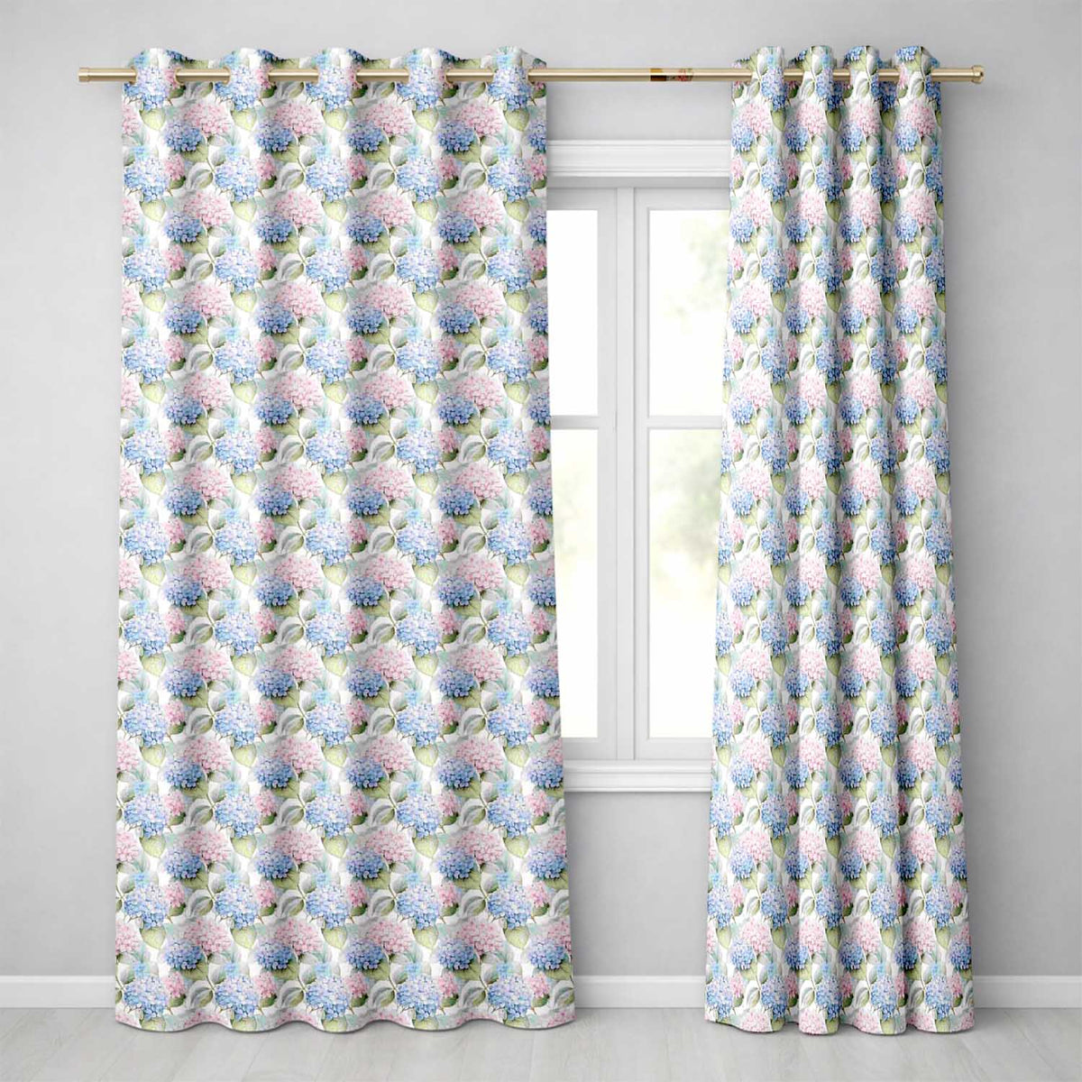 Pastel Blue and Pink Hydrangea Floral Seamless Pattern Readymade Eyelet Ring Top Thermal 100% Blackout Curtains
