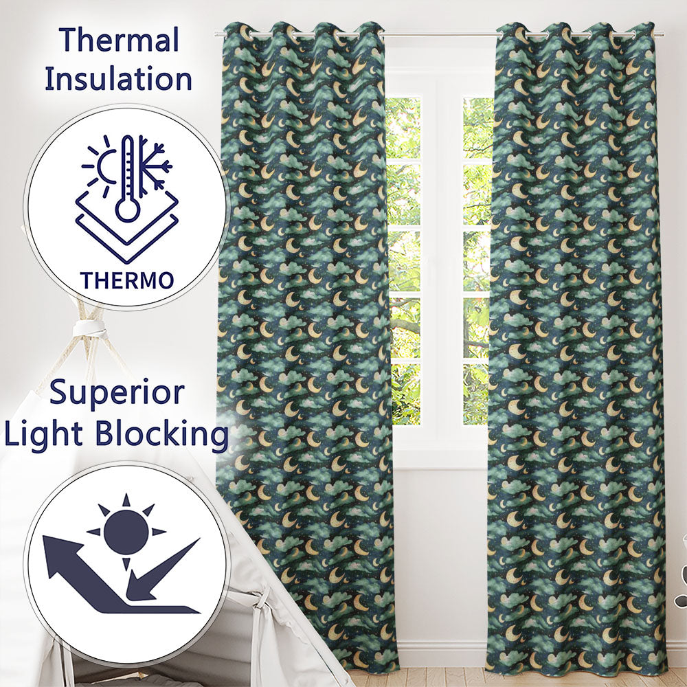 Night Sky Moon and Clouds Stars Seamless Pattern Readymade Eyelet Ring Top Thermal 100% Blackout Curtains