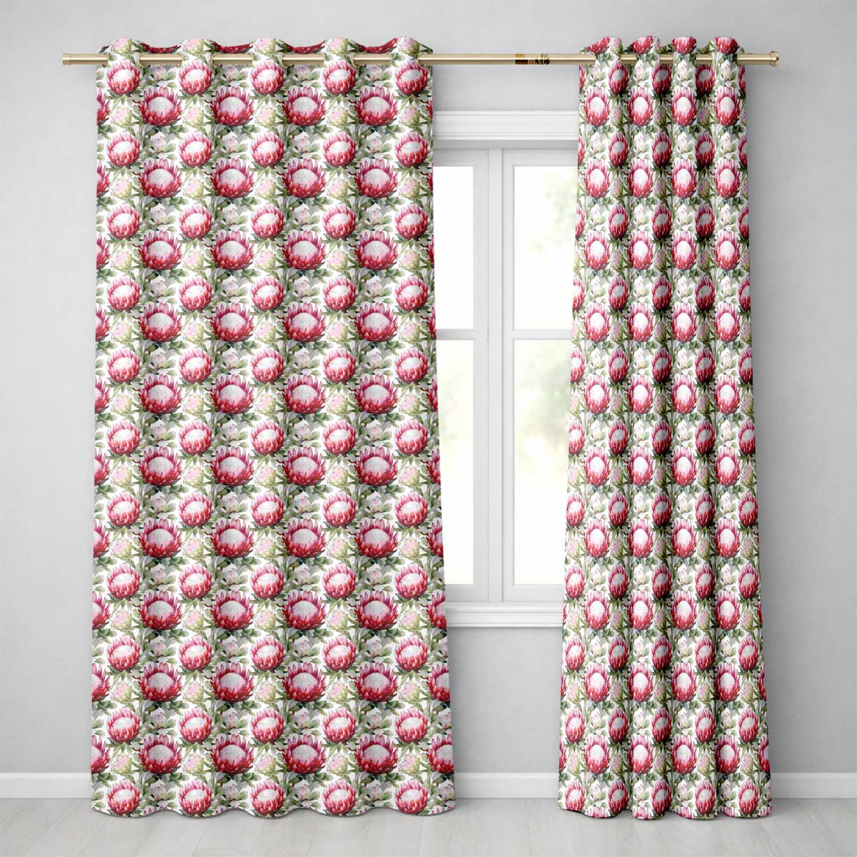 Bold Red Protea Flowers and Foliage Seamless Pattern Readymade Eyelet Ring Top Thermal 100% Blackout Curtains