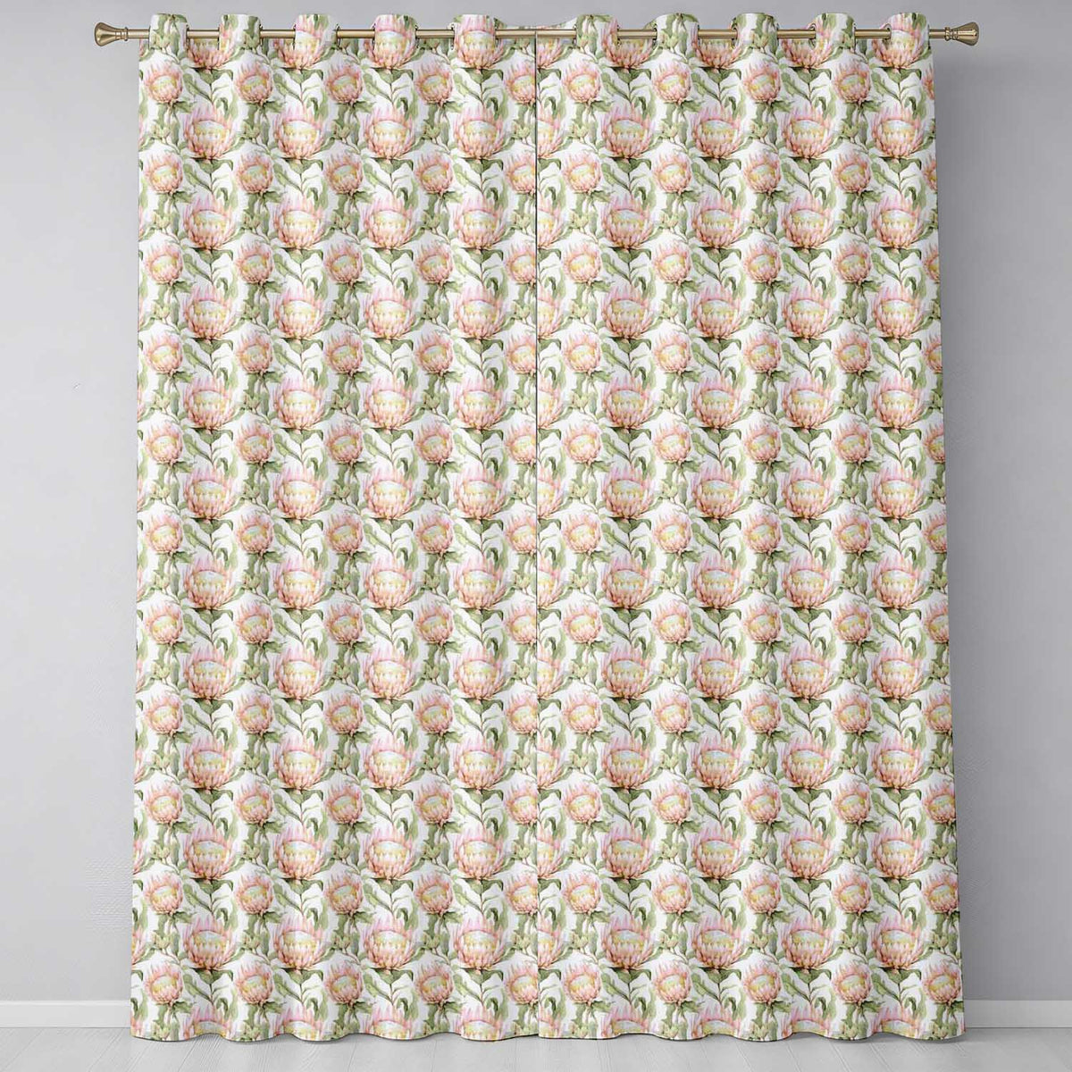 Soft Blush Protea Flowers and Green Leaves Seamless Pattern Readymade Eyelet Ring Top Thermal 100% Blackout Curtains