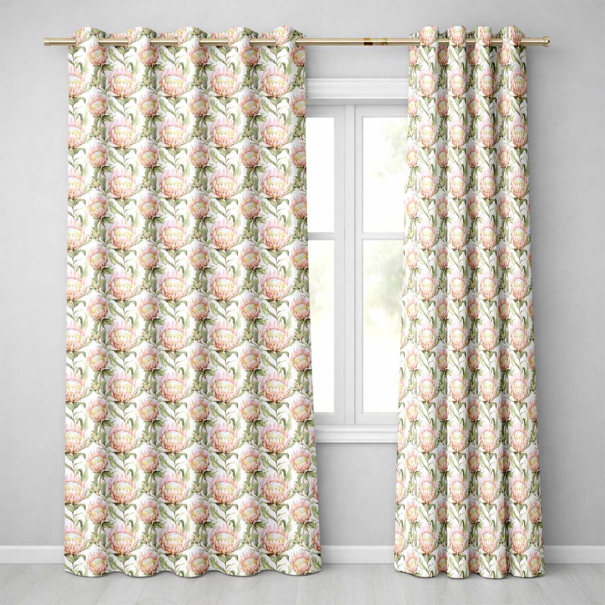 Soft Blush Protea Flowers and Green Leaves Seamless Pattern Readymade Eyelet Ring Top Thermal 100% Blackout Curtains