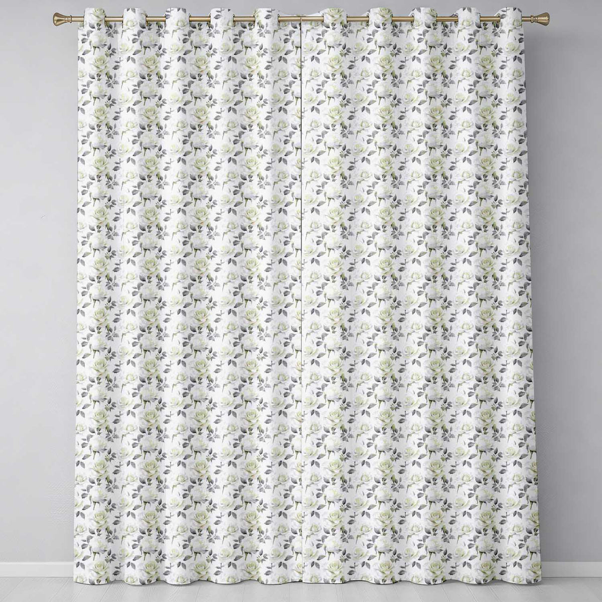 Elegant White Roses with Soft Grey Background Seamless Pattern Readymade Eyelet Ring Top Thermal 100% Blackout Curtains