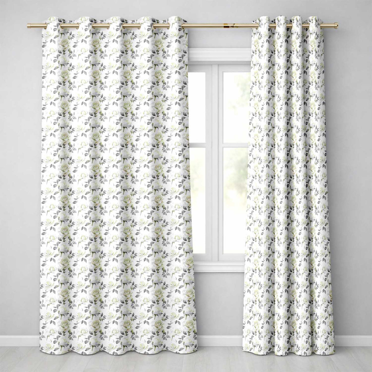 Elegant White Roses with Soft Grey Background Seamless Pattern Readymade Eyelet Ring Top Thermal 100% Blackout Curtains